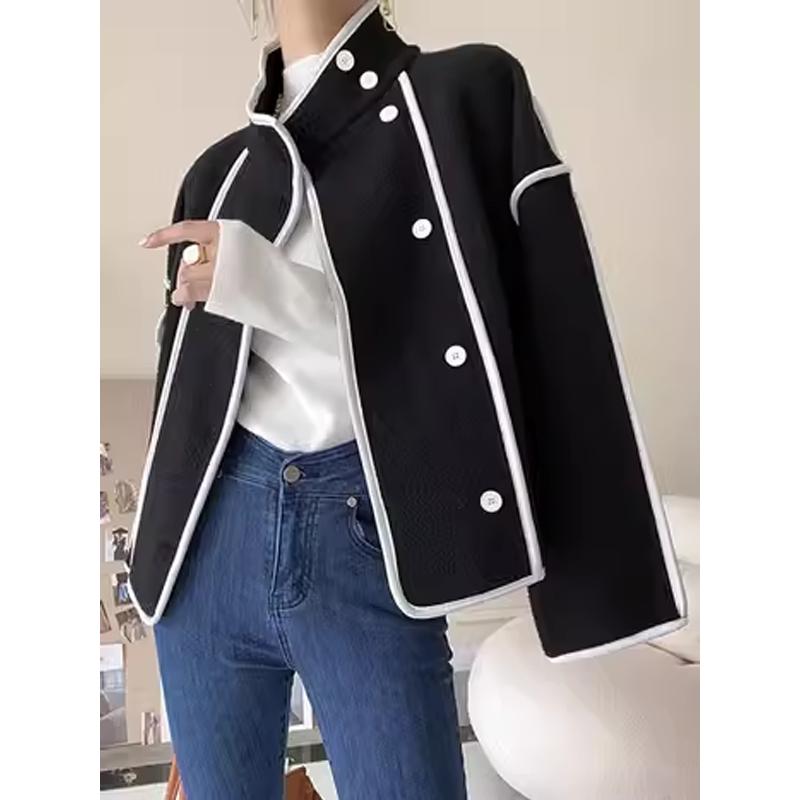 Color-Clash Standing-Collar Tweed Jacket