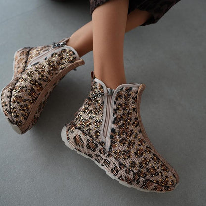 Women's Leopard Print Rhinestone Warm Casual Boots