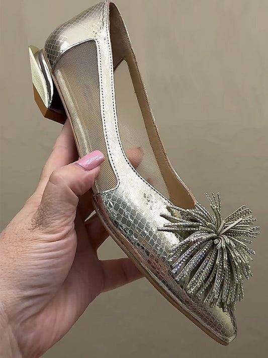 Rhinestone Tassel Leather Pointed Toe Flats