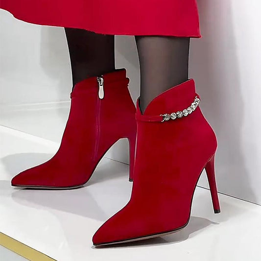 Women's Red Suede Rhinestone Ankle Boots