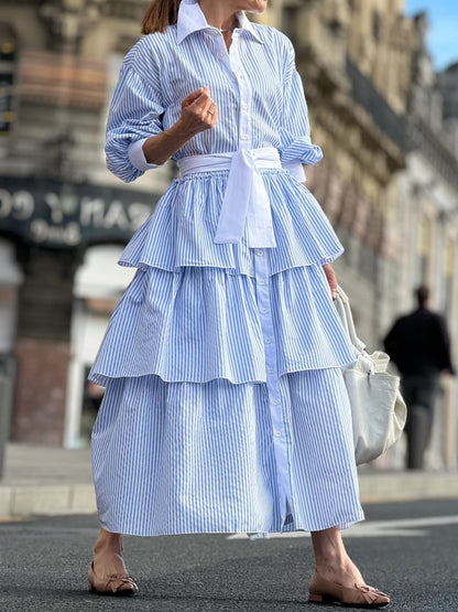 Blue Striped Shirt Stacked Maxi Dress