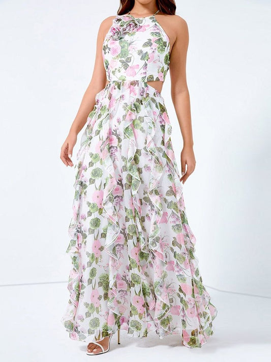 Lotus Leaf Hem Printed Cutout Maxi Dress