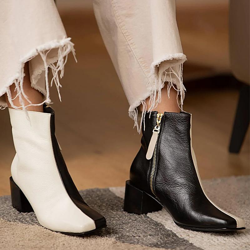 Women's Black&White Colorblock Ankle Boots