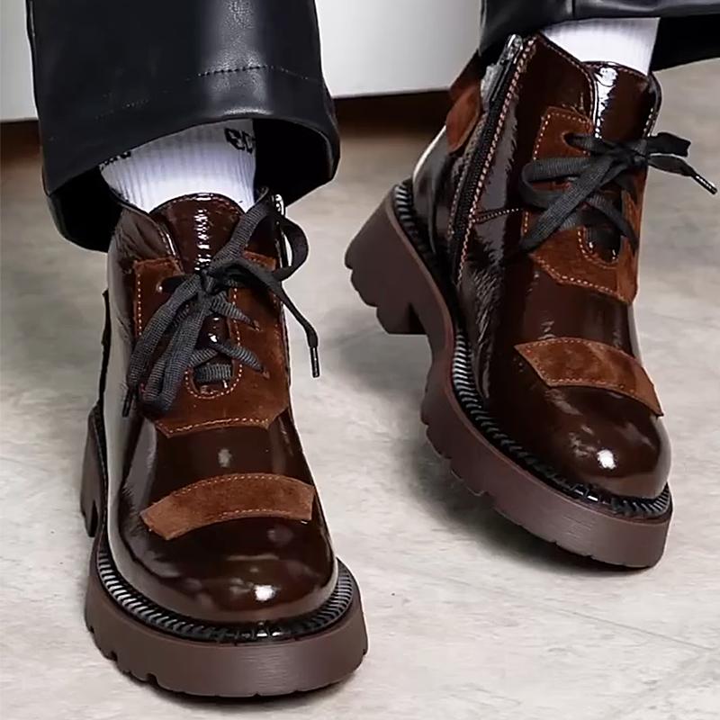 Women's Coffee Patent Leather Lace-Up Boots