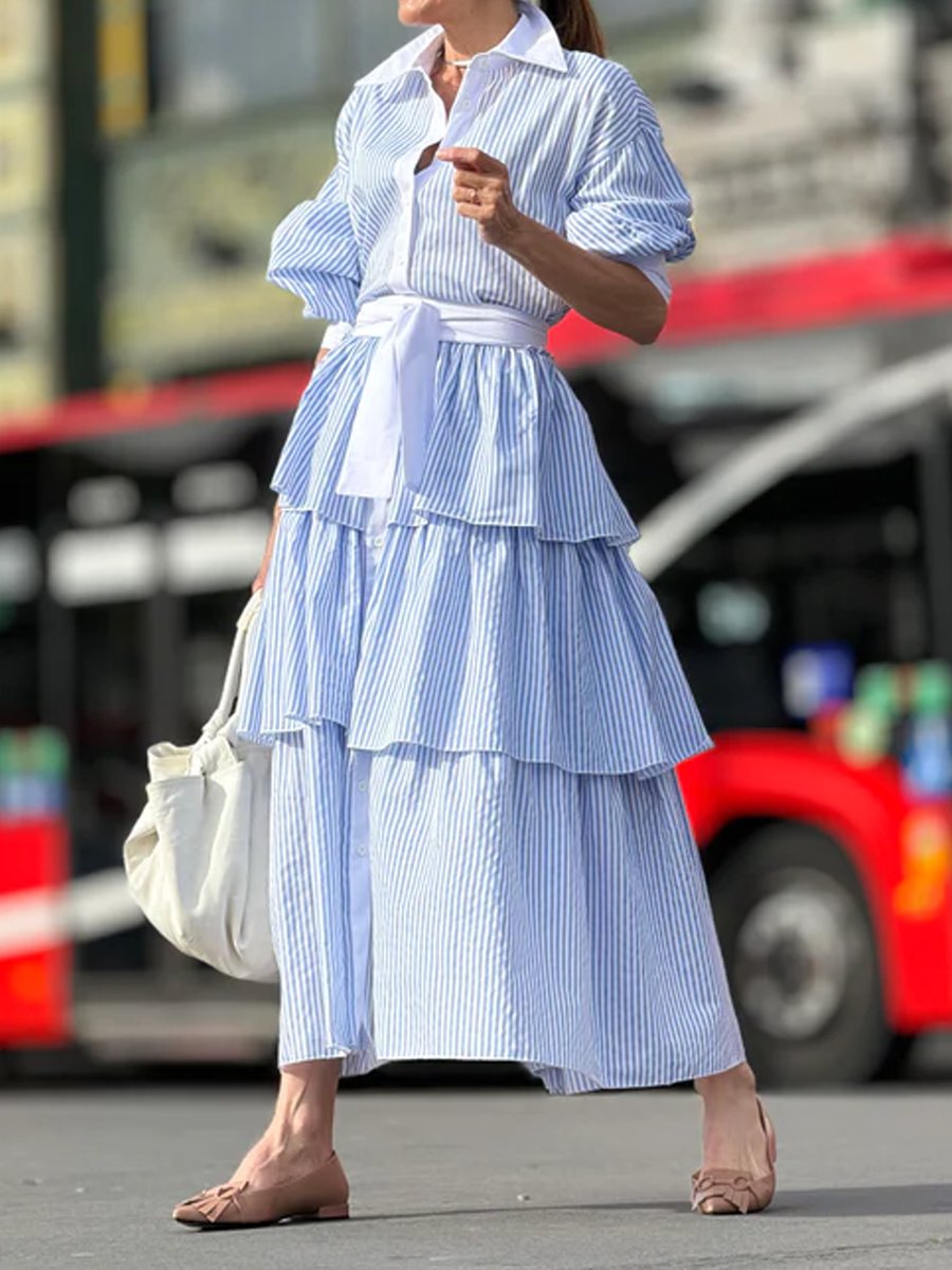 Blue Striped Shirt Stacked Maxi Dress