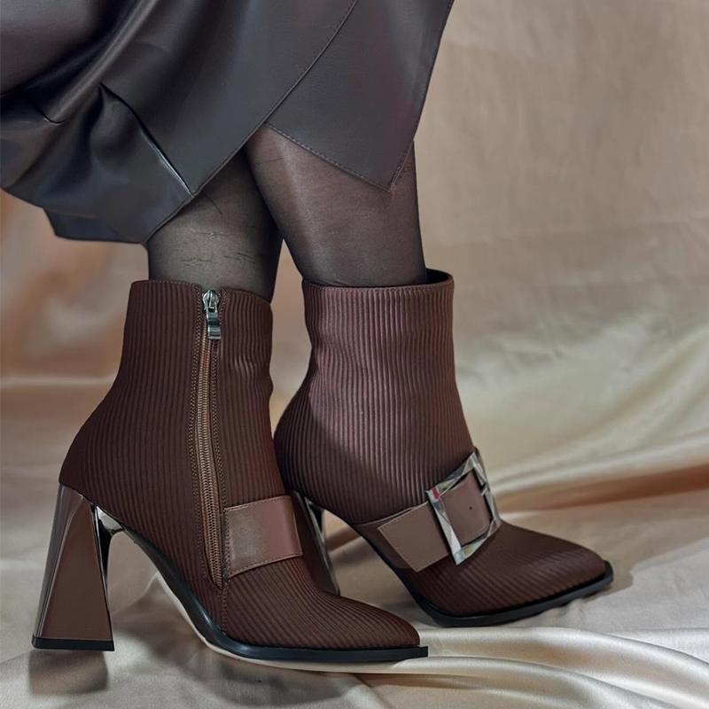 Leather Buckle Stretch Suede Chunky Heel Women's Boots