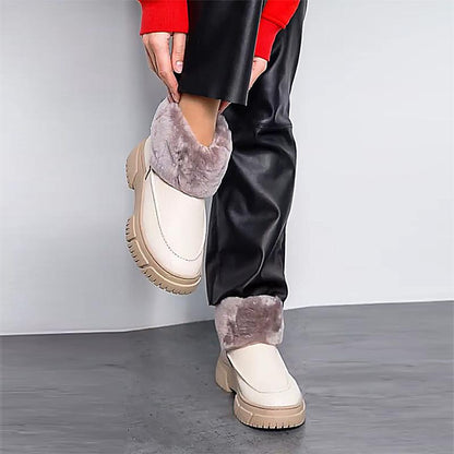 Women's Cream Leather Plush Short Snow Boots