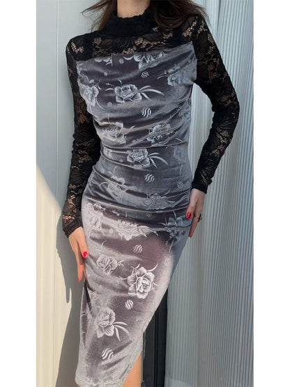 Lace Patchwork Velvet Embroidered Midi Dress