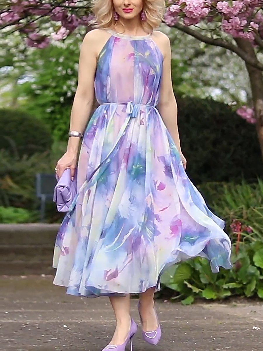 Lilac Printed Chiffon Midi Dress