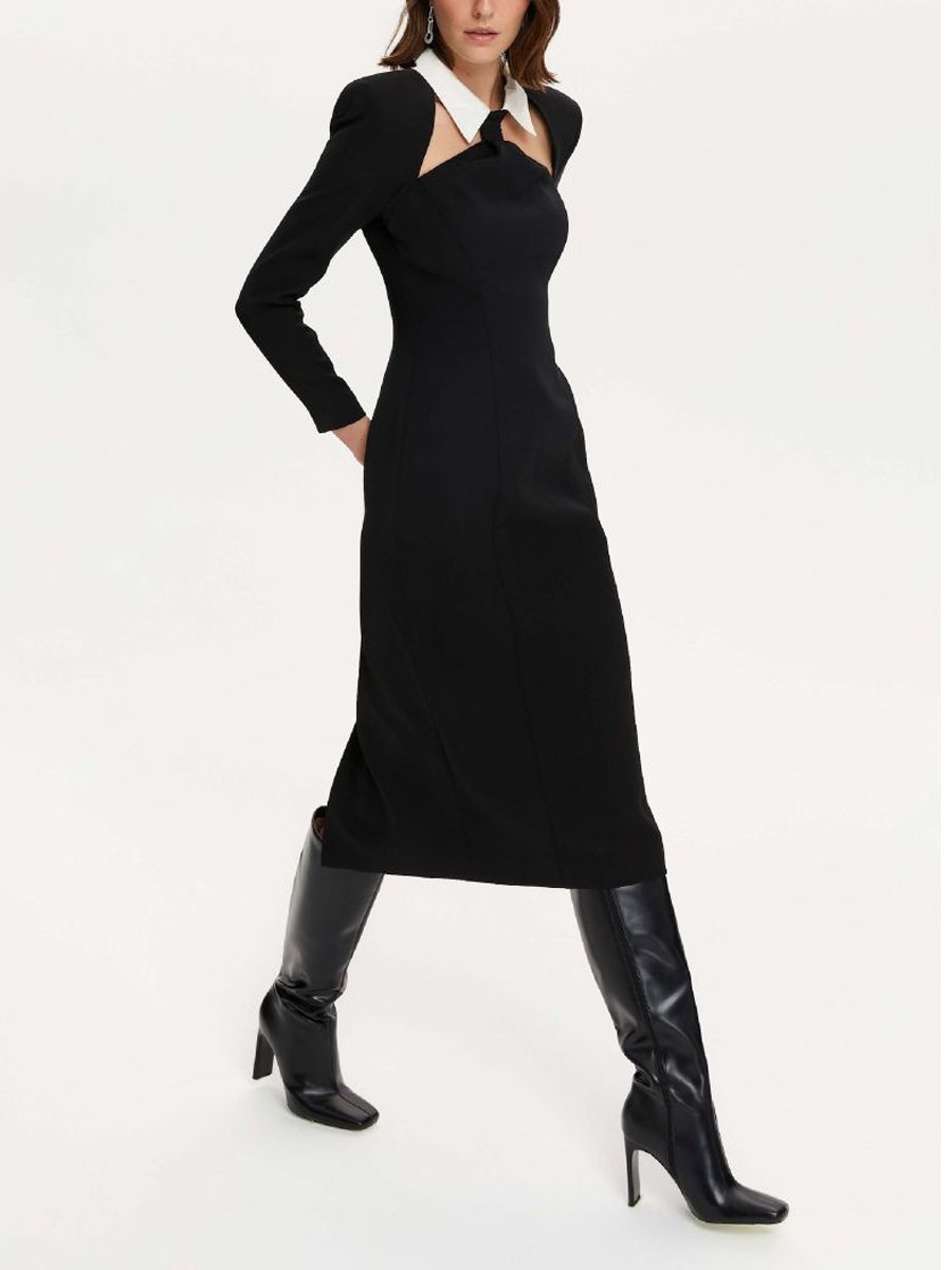 Waistband Tie Collar Midi Dress