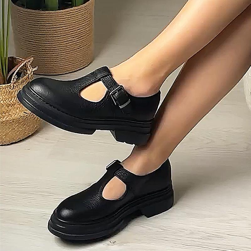 Retro Round Toe Muffin Bottom Women's Leather Shoes
