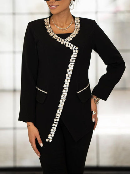 Asymmetric Rhinestone-Embellished Blended Jacket