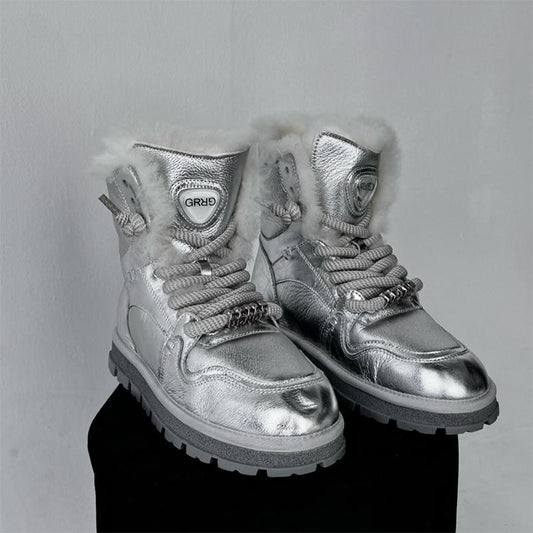 Silver Leather Women's Snow Boots