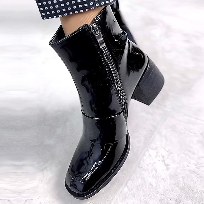 Black Patent Leather Square Toe Women's Boots