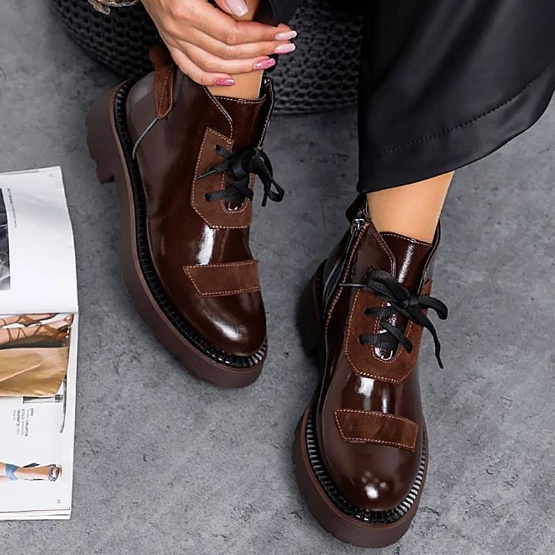 Women's Coffee Patent Leather Lace-Up Boots