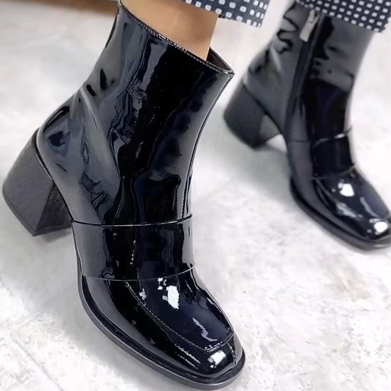 Black Patent Leather Square Toe Women's Boots