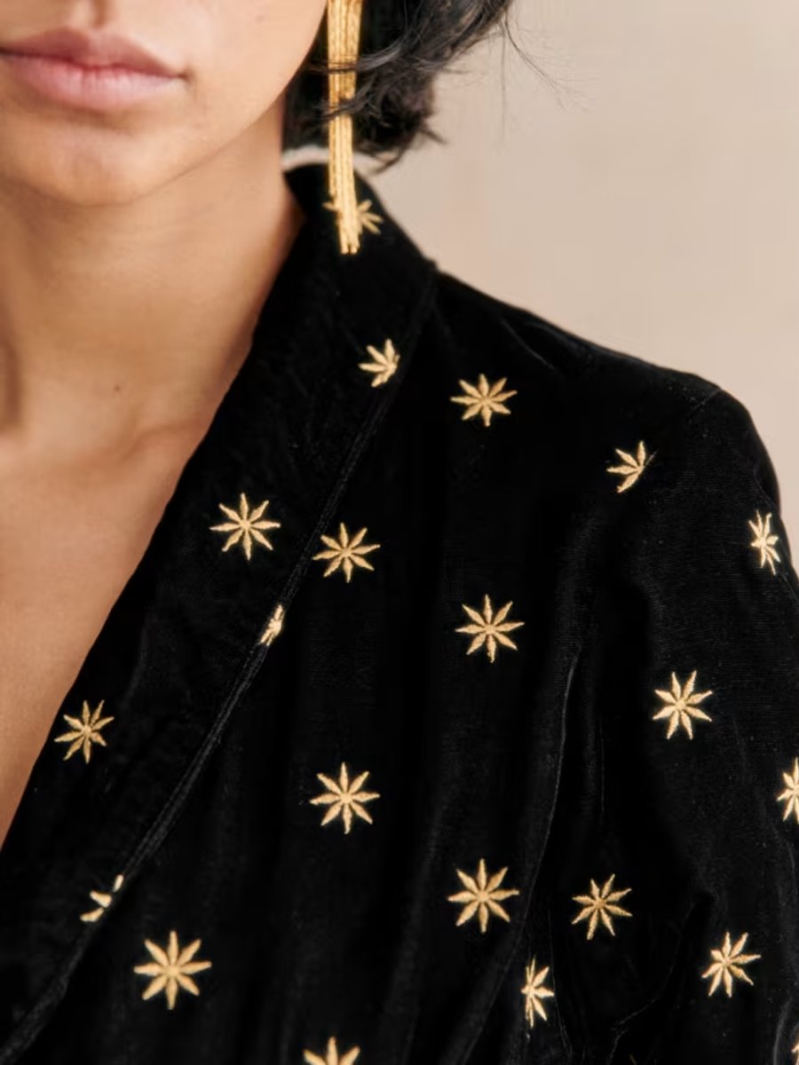 Long-sleeved Embroidered Velvet Blouse