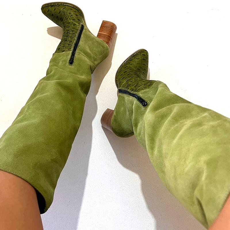 Green Suede Women's Long Boots