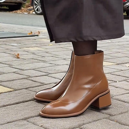 Brown Leather Women's Chunky Heel Ankle Boots