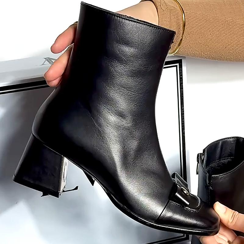 Chunky Heel Leather Buckle Square Toe Women's Boots