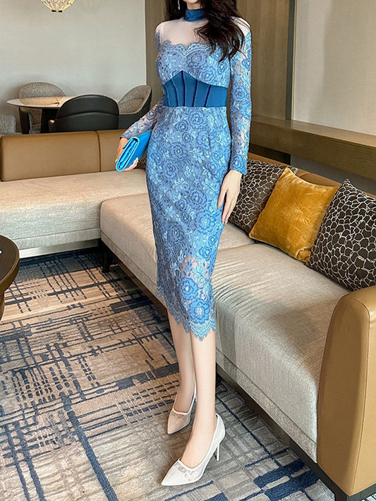 Elegant Blue Lace Floral Midi Dress