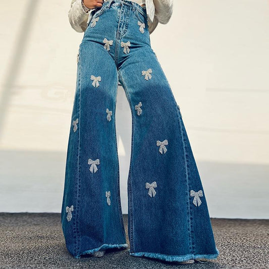 Bow Tie Loose Denim Flared Pants