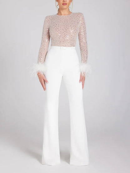 Feather Sequins Patchwork Sexy Jumpsuit