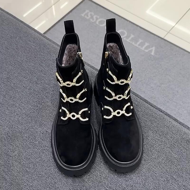 Suede Rhinestone Buckle Women's Martin Boots