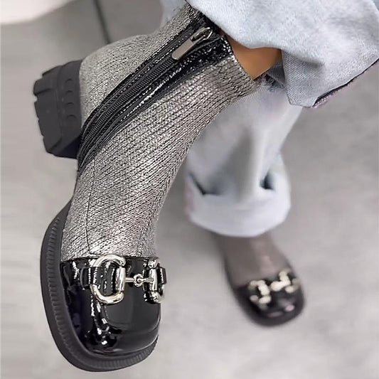 Vintage Silver Knit Thick Sole Women's Leather Shoes