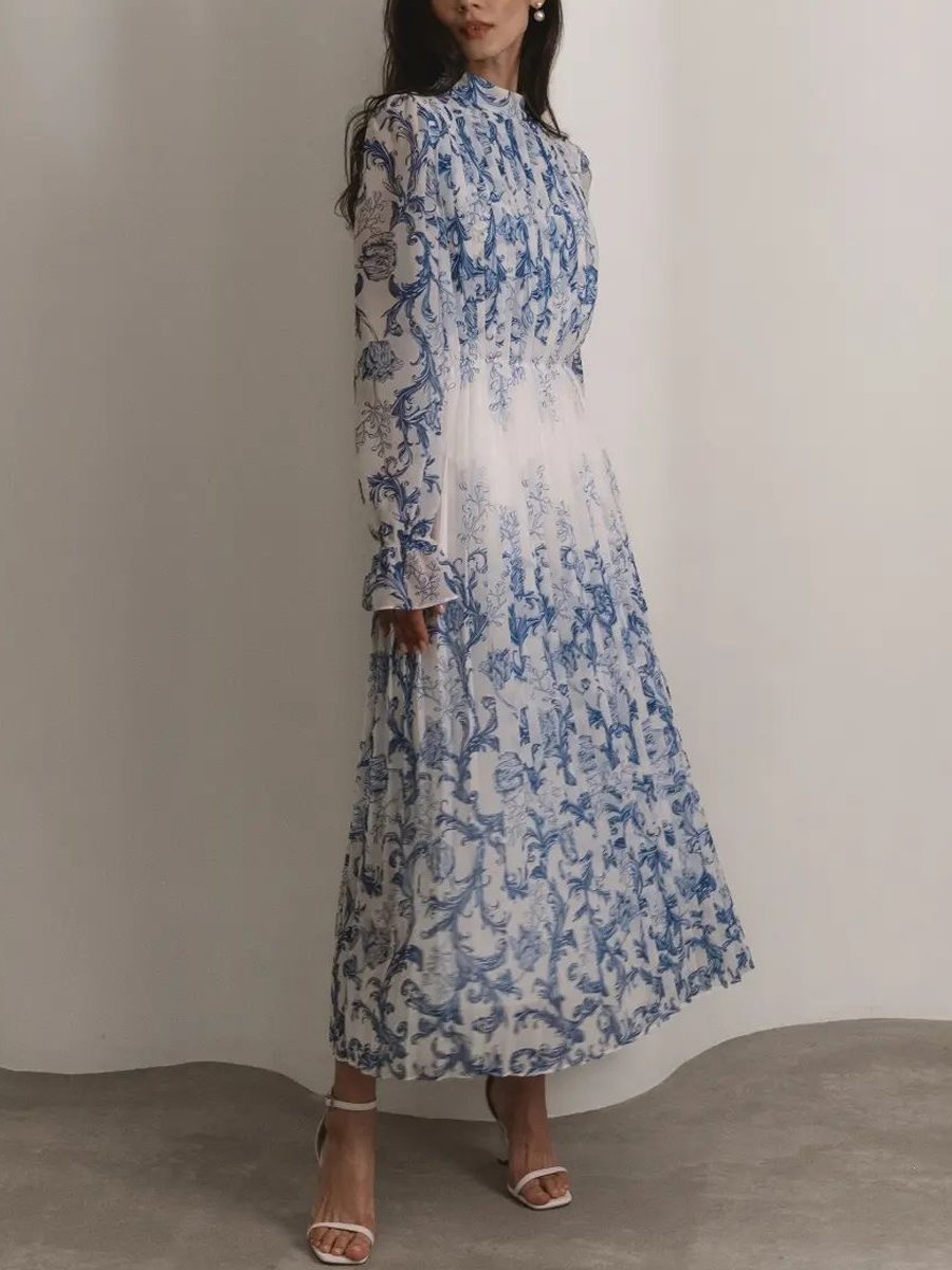 Blue Printed Tulle Pleated Maxi Dress