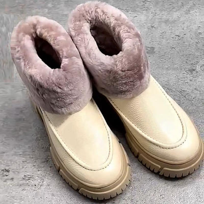 Women's Cream Leather Plush Short Snow Boots