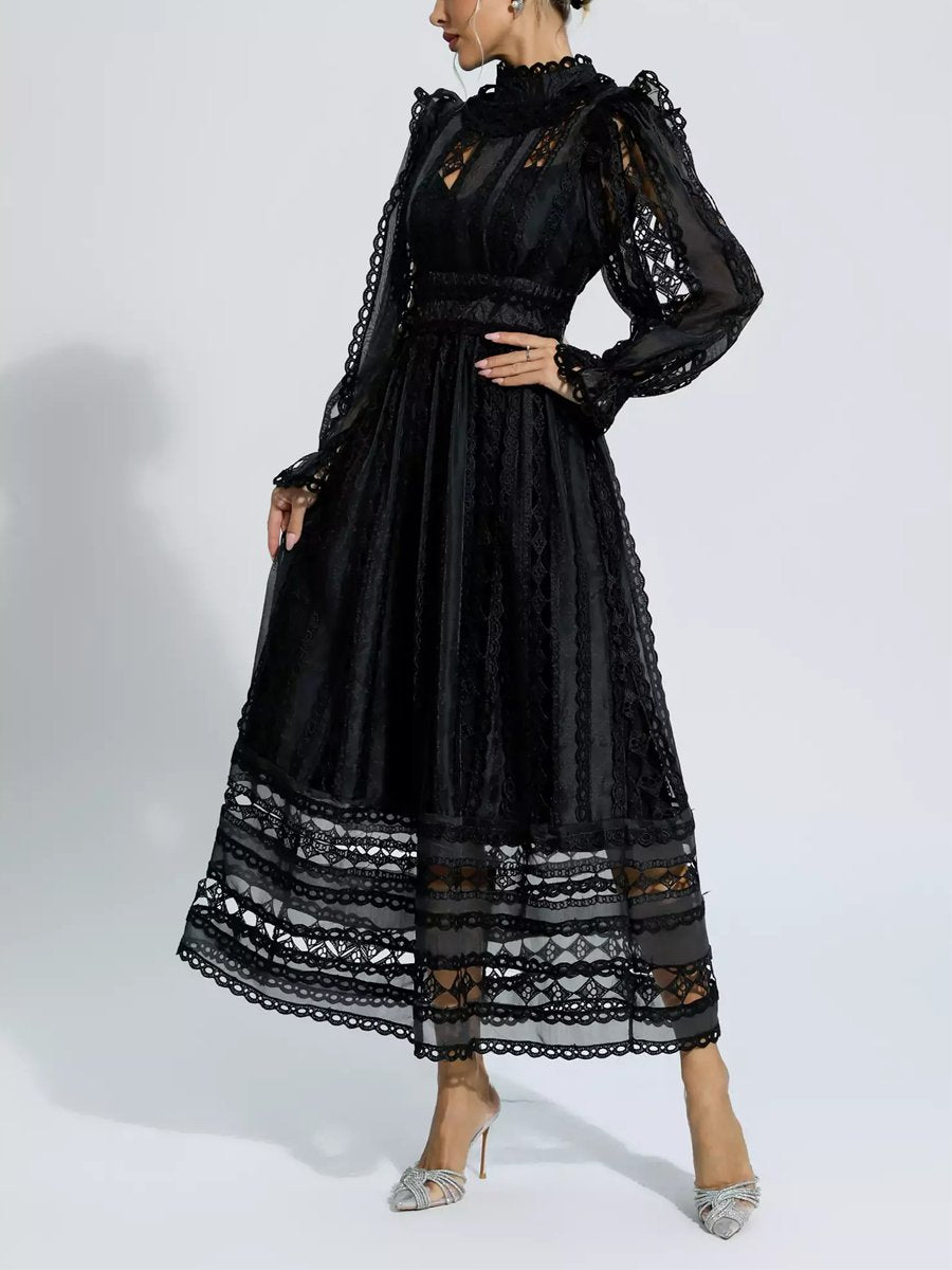 Black Hollow Lace Long-Sleeve Maxi Dress