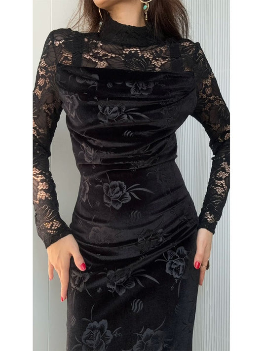 Lace Patchwork Velvet Embroidered Midi Dress