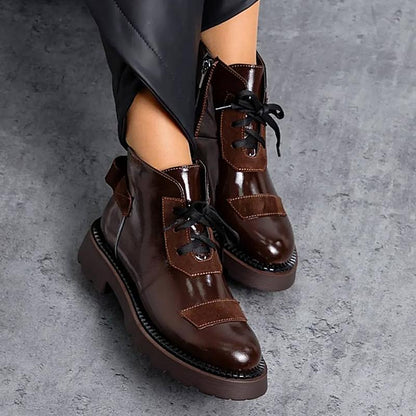 Women's Coffee Patent Leather Lace-Up Boots