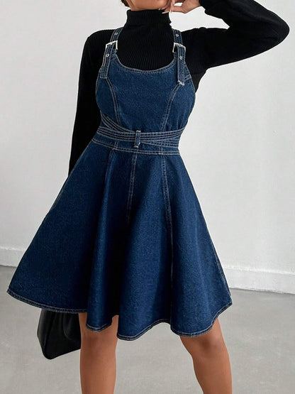 Cotton-lined Solid Denim Vest Mini Dress