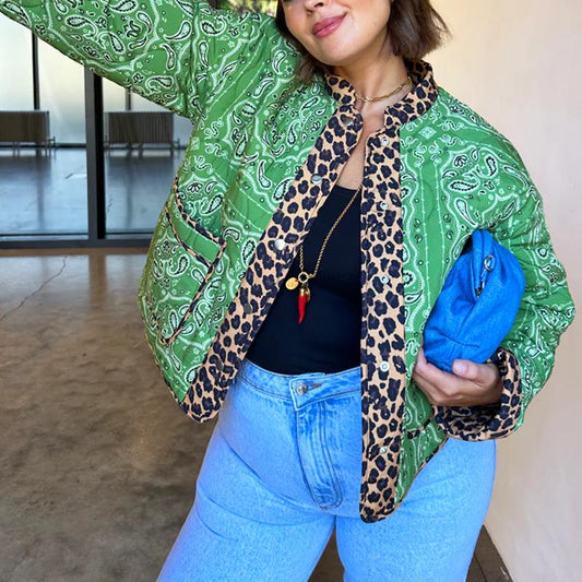 Green & Leopard Print Reversible Cotton Jacket