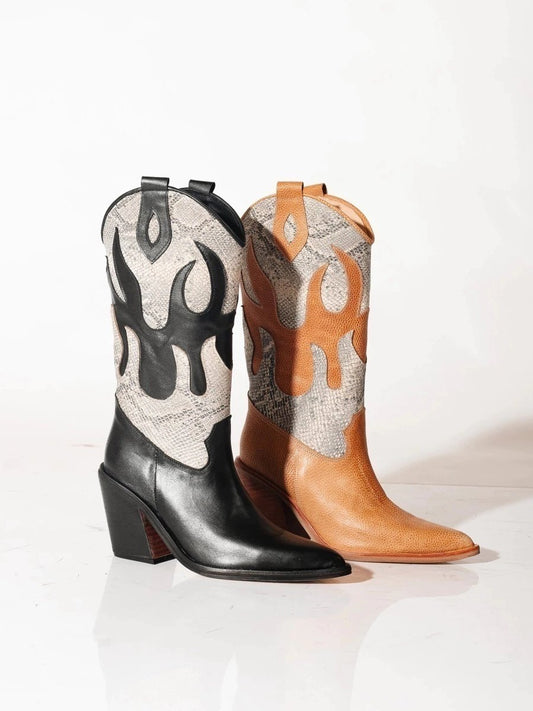 Women's Embossed Patchwork Leather Western Boots