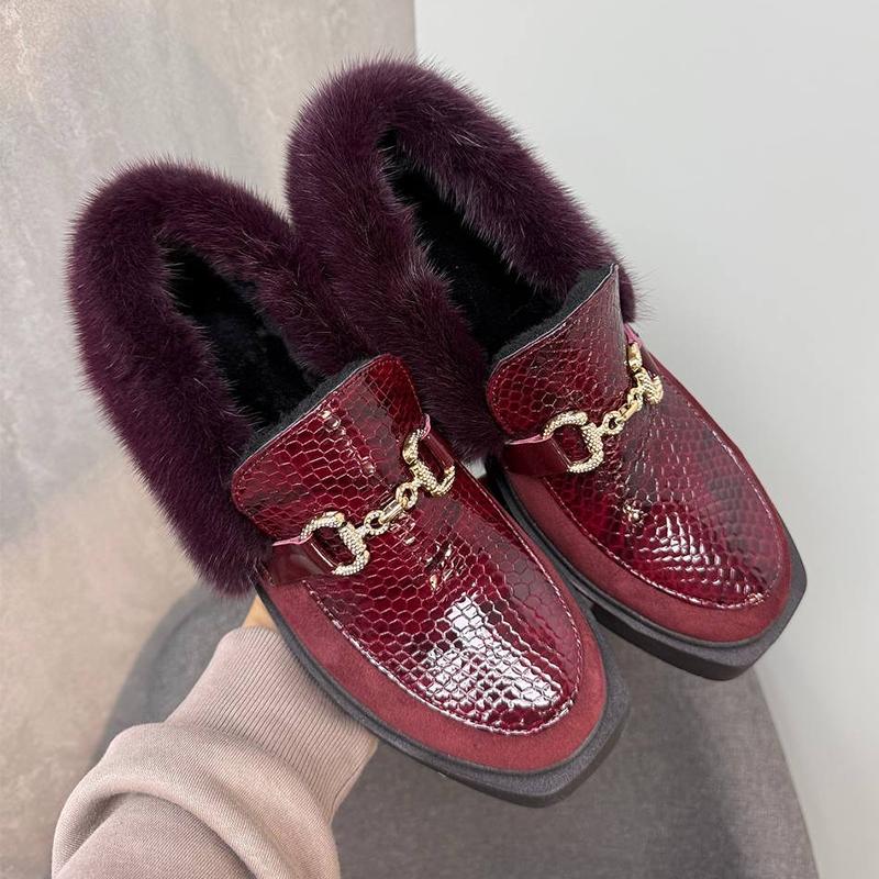 Red Plush Leather Women's Loafers