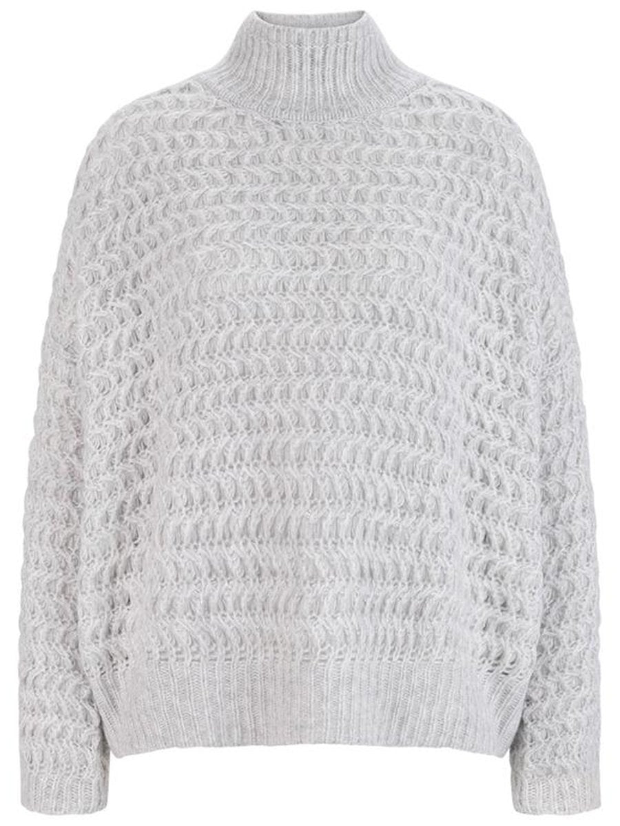 Boxy openwork knit cashmere blend jumper with stand-up collar