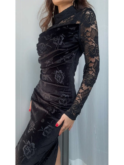 Lace Patchwork Velvet Embroidered Midi Dress