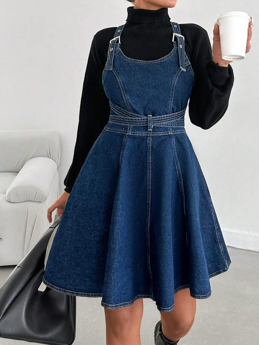 Cotton-lined Solid Denim Vest Mini Dress