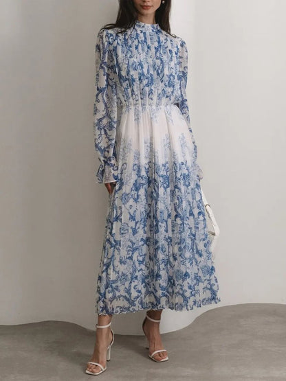 Blue Printed Tulle Pleated Maxi Dress