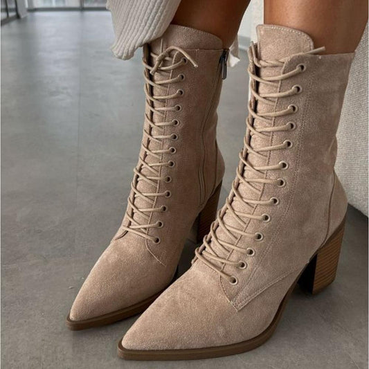 Women's Pointed Toe Chunky Heel Suede Lace-Up Boots