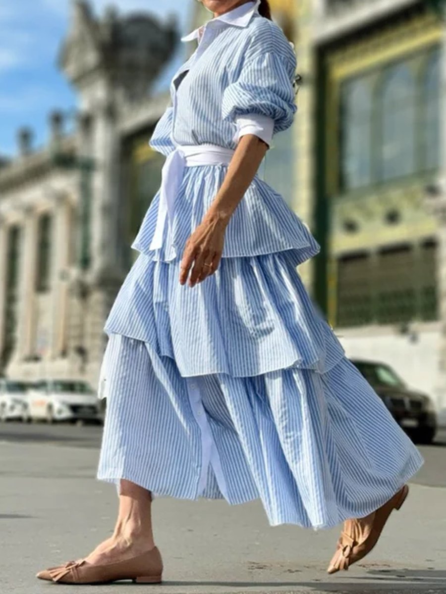 Blue Striped Shirt Stacked Maxi Dress