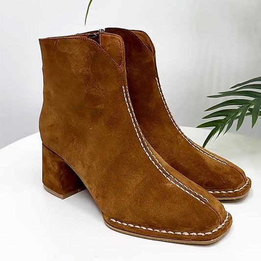 Brown Suede Chunky Heel Women's Boots