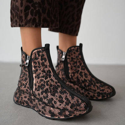 Women's Leopard Print Rhinestone Warm Casual Boots