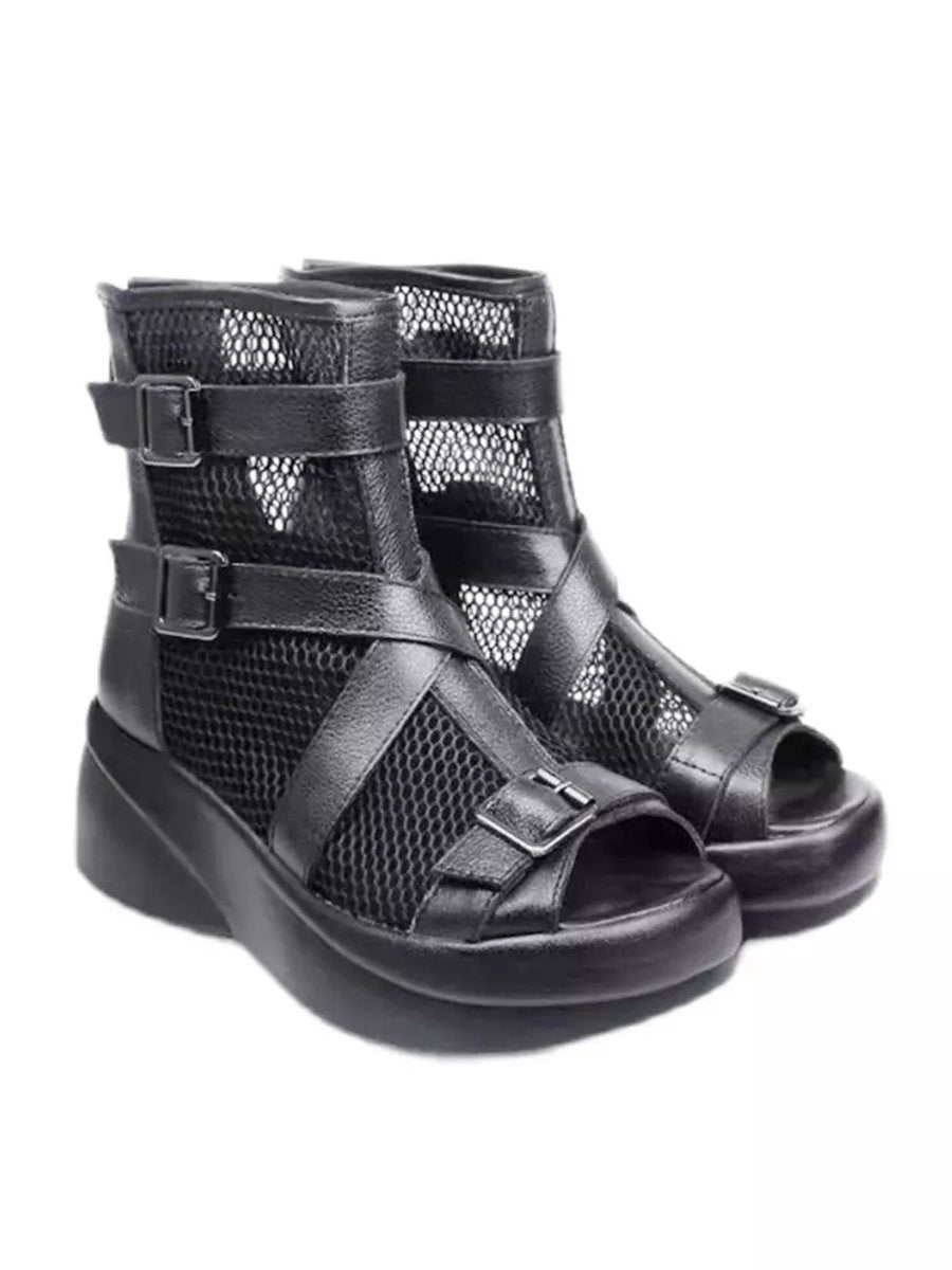 Mesh Leather Buckle Women's Sandal Boots