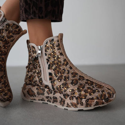 Women's Leopard Print Rhinestone Warm Casual Boots