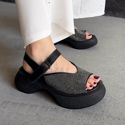 Women's Leather Rhinestone Thick Soft Bottom Sandals