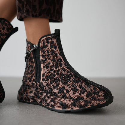 Women's Leopard Print Rhinestone Warm Casual Boots